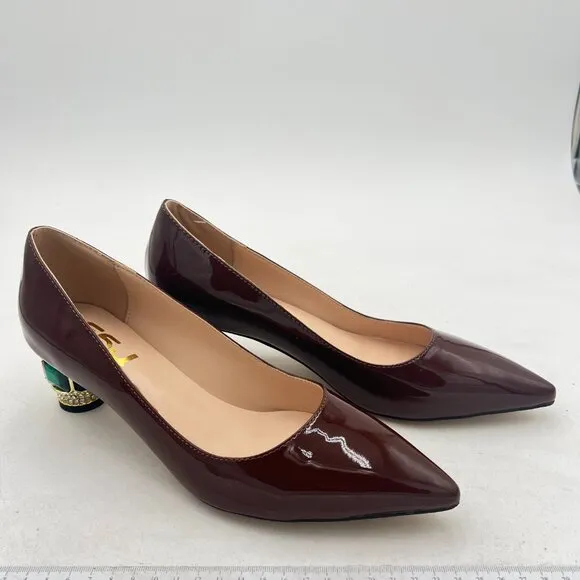 FSJ Wine Bridal Pointed Toe Chunky Low Heel Crystal Pumps Slip on Wedding Shoes