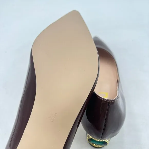 FSJ Wine Bridal Pointed Toe Chunky Low Heel Crystal Pumps Slip on Wedding Shoes