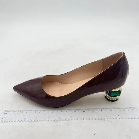 FSJ Wine Bridal Pointed Toe Chunky Low Heel Crystal Pumps Slip on Wedding Shoes