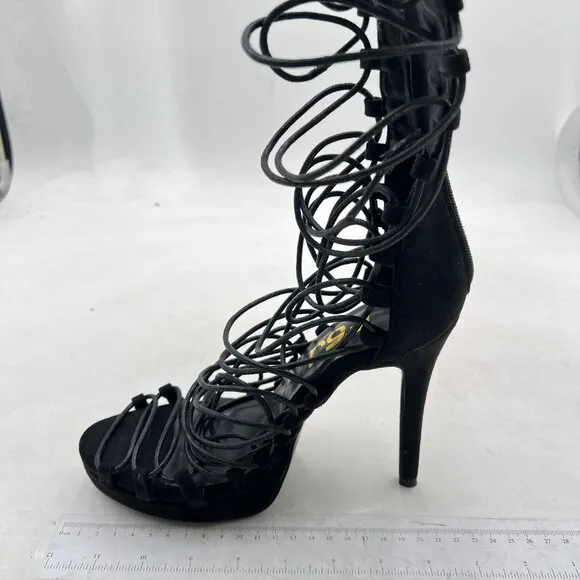 FSJ Womens Gladiator Mid Calf Sandals Open Toe Lace Up Criss Cross Strappy Black