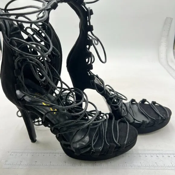 FSJ Womens Gladiator Mid Calf Sandals Open Toe Lace Up Criss Cross Strappy Black
