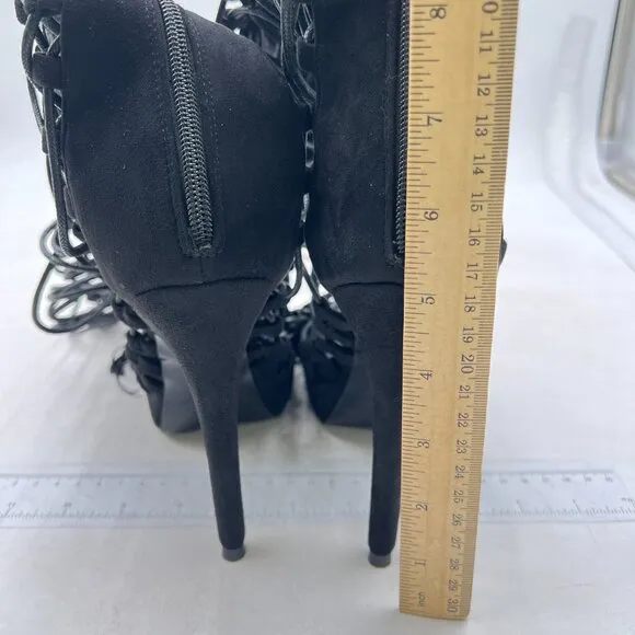 FSJ Womens Gladiator Mid Calf Sandals Open Toe Lace Up Criss Cross Strappy Black
