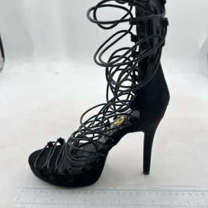 FSJ Womens Gladiator Mid Calf Sandals Open Toe Lace Up Criss Cross Strappy Black