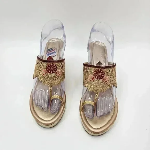 Gold Heels Platform Block High Red Bridal Embroidered Embellished Sandals Size 7