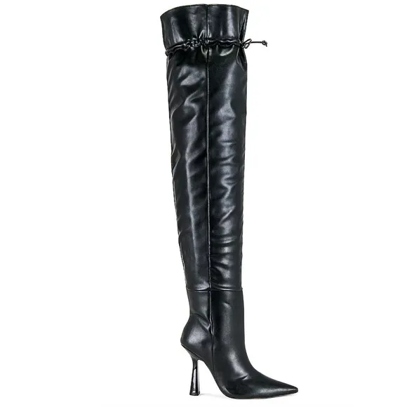 Good American Black Faux Leather Thigh High Over the Knee Heel Boots Women 5.5