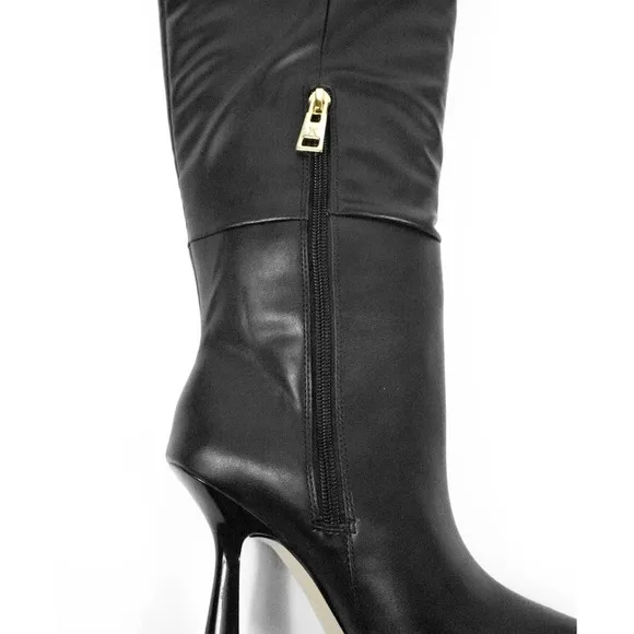 Good American Black Faux Leather Thigh High Over the Knee Heel Boots Women 5.5