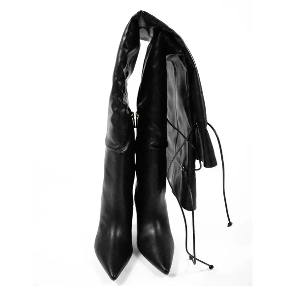 Good American Black Faux Leather Thigh High Over the Knee Heel Boots Women 5.5