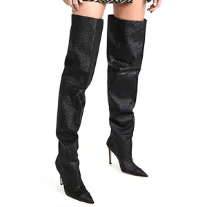 Good American Black Glitter Thigh High Over The Knee Boots Women Size 7.5 Heels