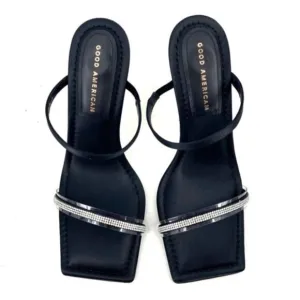 Good American Open Square Toe Rhinestone Strappy Heels Black Satin Size …