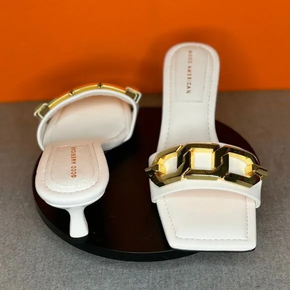 Good American White Mule Gold Chain Kitten Heel Size 7.5 NEW WITH BOX