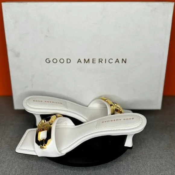 Good American White Mule Gold Chain Kitten Heel Size 7.5 NEW WITH BOX