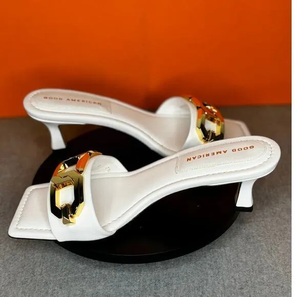 Good American White Mule Gold Chain Kitten Heel Size 7.5 NEW WITH BOX