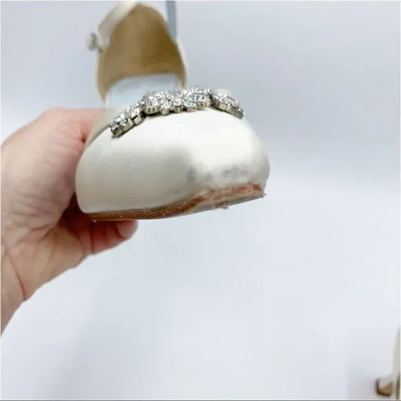 Grazia Ivory Silk Wedding Heels w/Crystal Embellishment and Ankle Strap EUC 6.5B