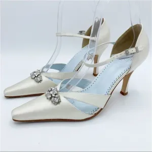 Grazia Ivory Silk Wedding Heels w/Crystal Embellishment and Ankle Strap EUC 6.5B