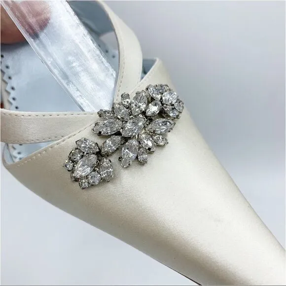 Grazia Ivory Silk Wedding Heels w/Crystal Embellishment and Ankle Strap EUC 6.5B