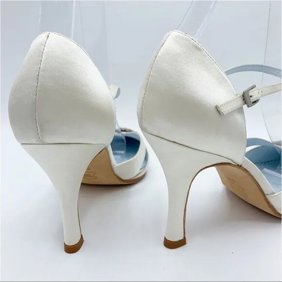 Grazia Ivory Silk Wedding Heels w/Crystal Embellishment and Ankle Strap EUC 6.5B