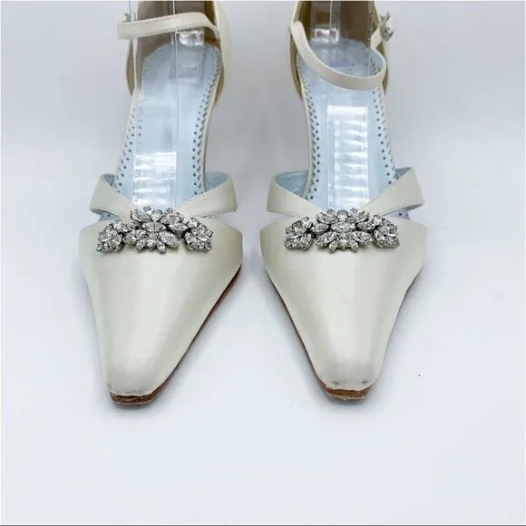 Grazia Ivory Silk Wedding Heels w/Crystal Embellishment and Ankle Strap EUC 6.5B