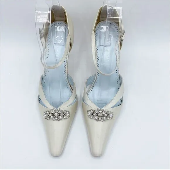Grazia Ivory Silk Wedding Heels w/Crystal Embellishment and Ankle Strap EUC 6.5B