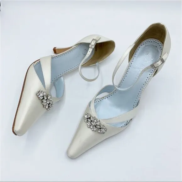 Grazia Ivory Silk Wedding Heels w/Crystal Embellishment and Ankle Strap EUC 6.5B