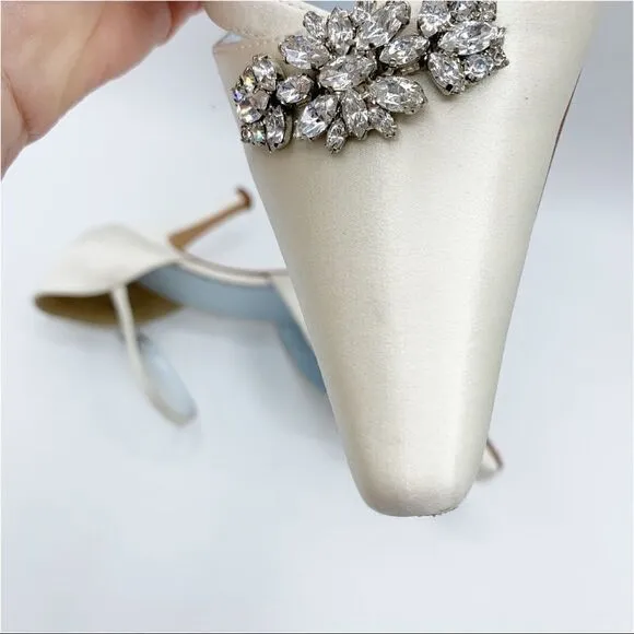 Grazia Ivory Silk Wedding Heels w/Crystal Embellishment and Ankle Strap EUC 6.5B