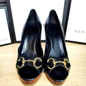 GUCCI Black Leather Horsebit Platform Heels Sz: 39.5 US9.5