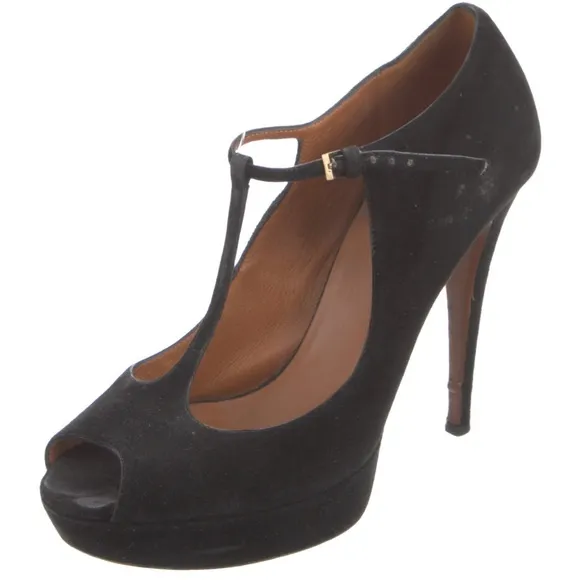 Gucci Black Suede Platform Stiletto  T-Strap High Heel Shoes IT 37