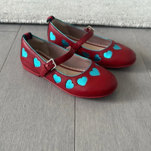 Gucci Kids Leather Red Shoes With Blue Hearts