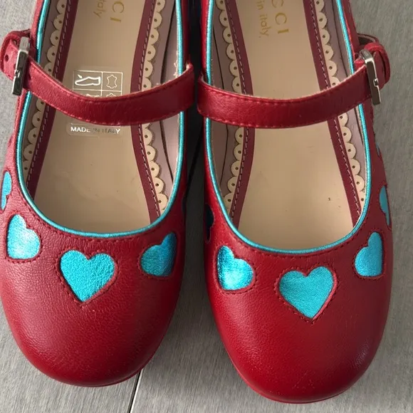 Gucci Kids Leather Red Shoes With Blue Hearts