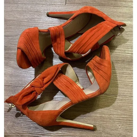 GUESS Orange Suede Ankle Wrap Stiletto Heels Shoes Bow Accent Size 37 US 6.5-7