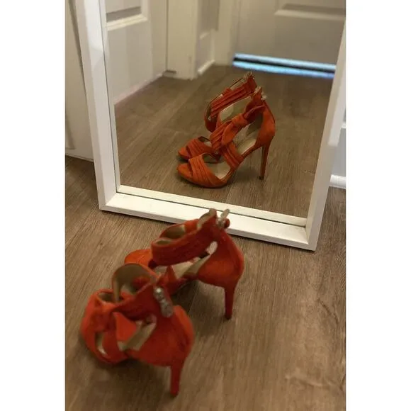 GUESS Orange Suede Ankle Wrap Stiletto Heels Shoes Bow Accent Size 37 US 6.5-7