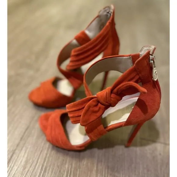 GUESS Orange Suede Ankle Wrap Stiletto Heels Shoes Bow Accent Size 37 US 6.5-7