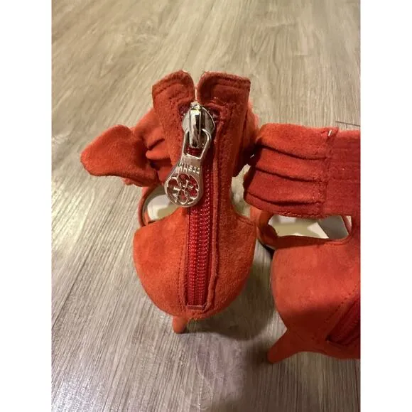 GUESS Orange Suede Ankle Wrap Stiletto Heels Shoes Bow Accent Size 37 US 6.5-7