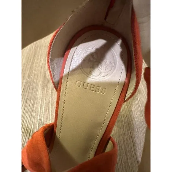 GUESS Orange Suede Ankle Wrap Stiletto Heels Shoes Bow Accent Size 37 US 6.5-7