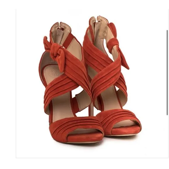 GUESS Orange Suede Ankle Wrap Stiletto Heels Shoes Bow Accent Size 37 US 6.5-7