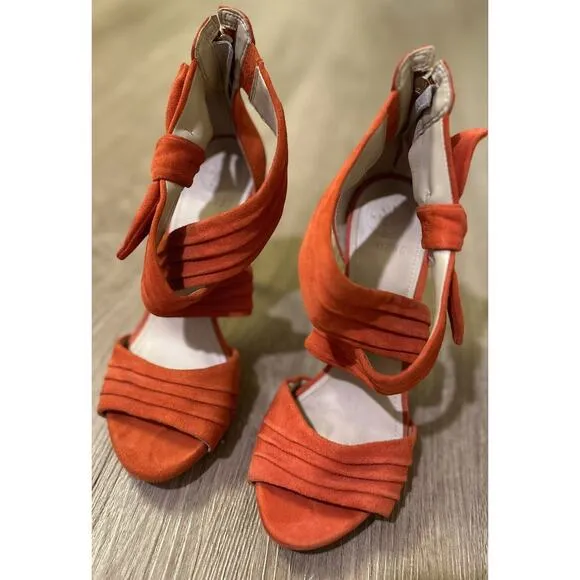 GUESS Orange Suede Ankle Wrap Stiletto Heels Shoes Bow Accent Size 37 US 6.5-7