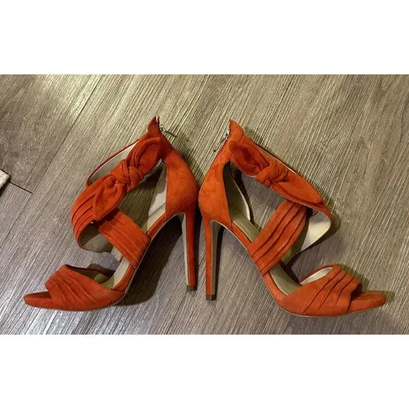 GUESS Orange Suede Ankle Wrap Stiletto Heels Shoes Bow Accent Size 37 US 6.5-7
