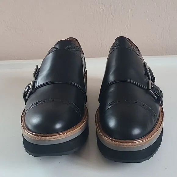 Halogen Monk Strap Oxford Shoes Black Leather Cap Toe Platform Women's Size 7M