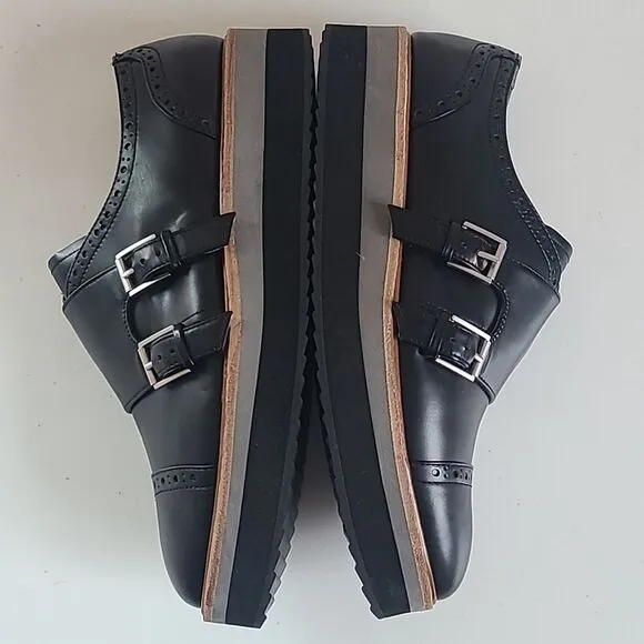 Halogen Monk Strap Oxford Shoes Black Leather Cap Toe Platform Women's Size 7M
