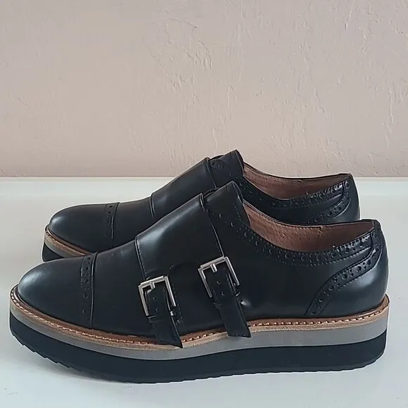 Halogen Monk Strap Oxford Shoes Black Leather Cap Toe Platform Women's Size 7M