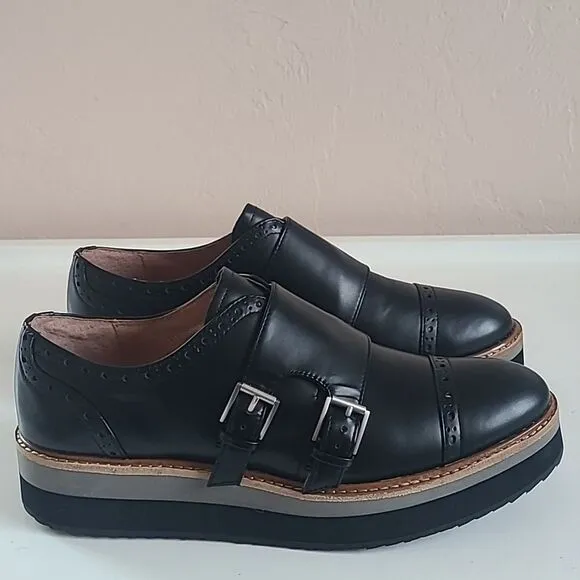 Halogen Monk Strap Oxford Shoes Black Leather Cap Toe Platform Women's Size 7M