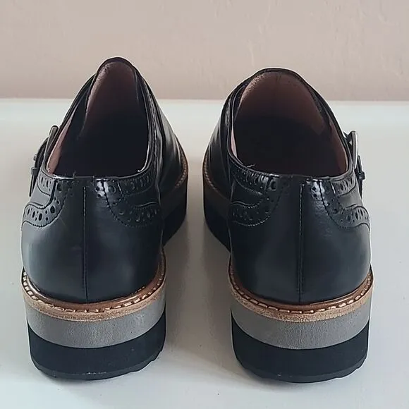 Halogen Monk Strap Oxford Shoes Black Leather Cap Toe Platform Women's Size 7M