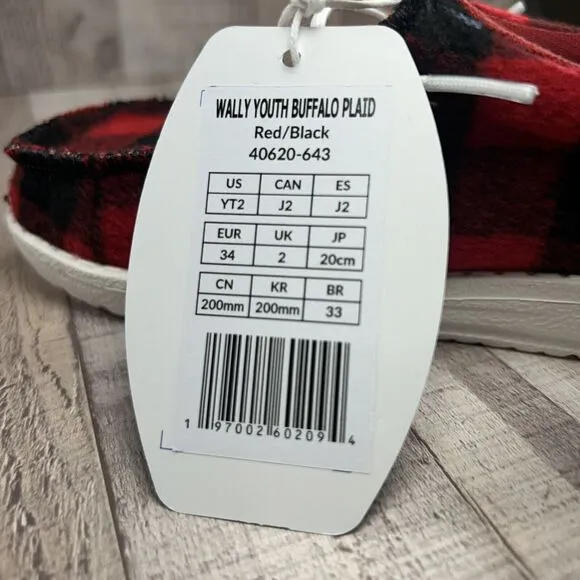 Hey Dude Wally Youth Size 2 Buffalo Plaid Slip On Loafer Sneaker Shoes Red Black