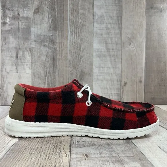 Hey Dude Wally Youth Size 2 Buffalo Plaid Slip On Loafer Sneaker Shoes Red Black
