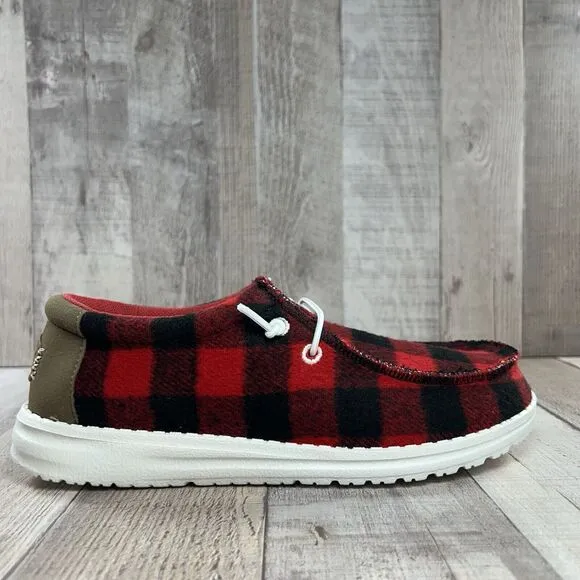 Hey Dude Wally Youth Size 2 Buffalo Plaid Slip On Loafer Sneaker Shoes Red Black