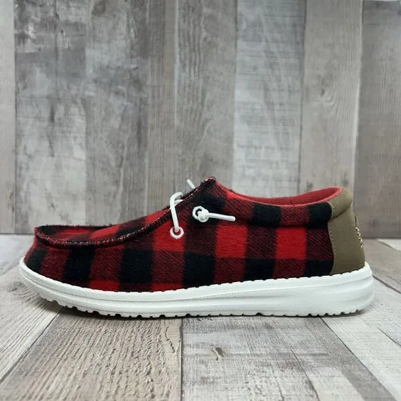 Hey Dude Wally Youth Size 2 Buffalo Plaid Slip On Loafer Sneaker Shoes Red Black