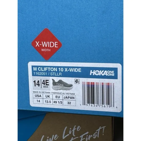 Hoka M Clifton 10 X Wide Men's Size 14 4E Extra Wide Running Shoes Steller Grey