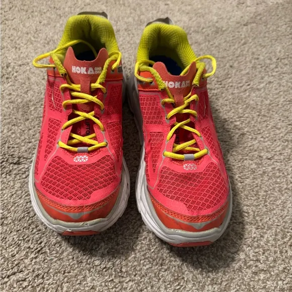 Hoka One One Clifton 1 Road Running Shoes W7 Pink Yellow Coral,