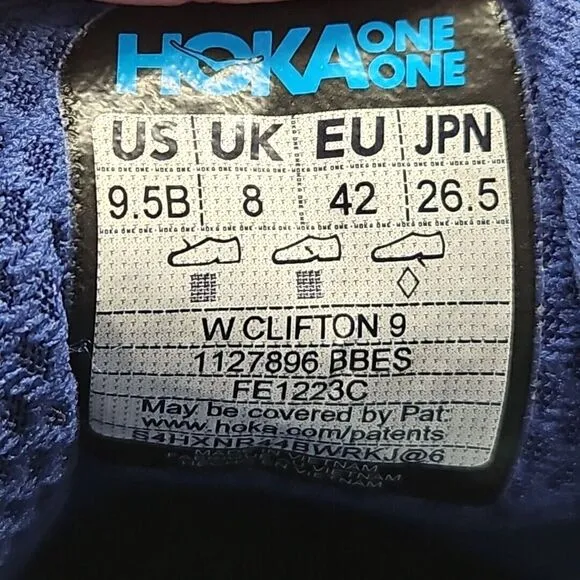 Hoka One One Clifton 9‎ Womens 9.5 B Blue Running Shoes Sneakers 1127896 BBES