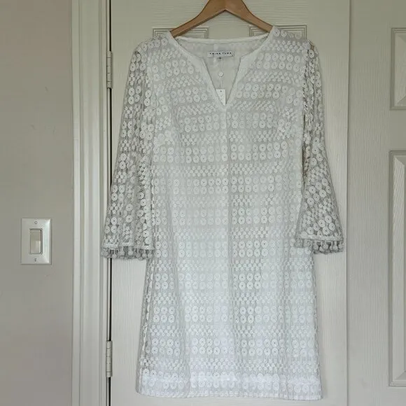 🎉HP🎉 Trina Turk Loomies Sz 2 White Mini Lace Dress Beaded Pom-Pom Fringe Trim