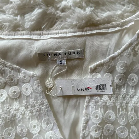 🎉HP🎉 Trina Turk Loomies Sz 2 White Mini Lace Dress Beaded Pom-Pom Fringe Trim